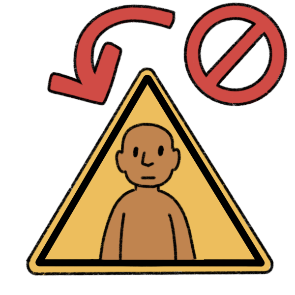 a red crossed out circle pointing to a yellow triangle warning sign. In the middle is a person with a neutral expression.